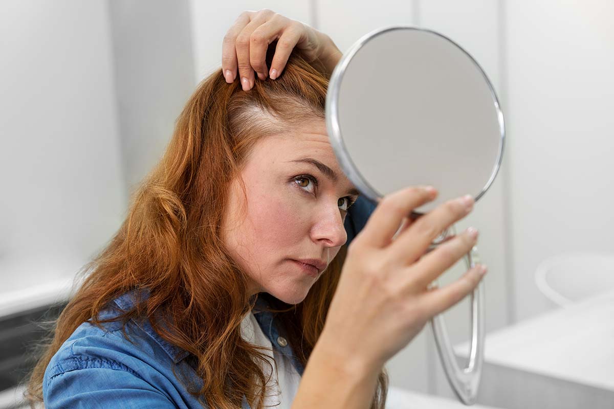 Woman checking scalp for psoriasis