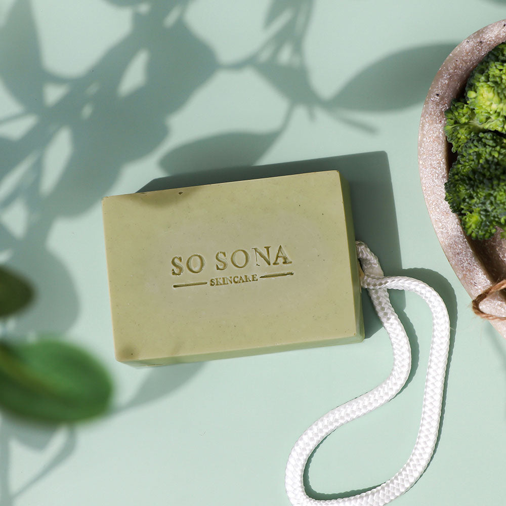evergreen soap bar with broccoli and leaves