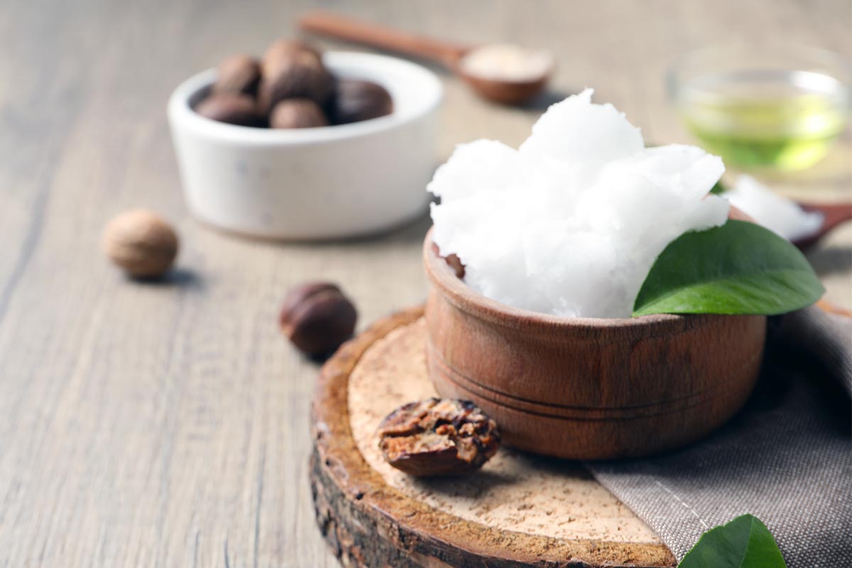 Organic shea butter in bowl with shea nuts