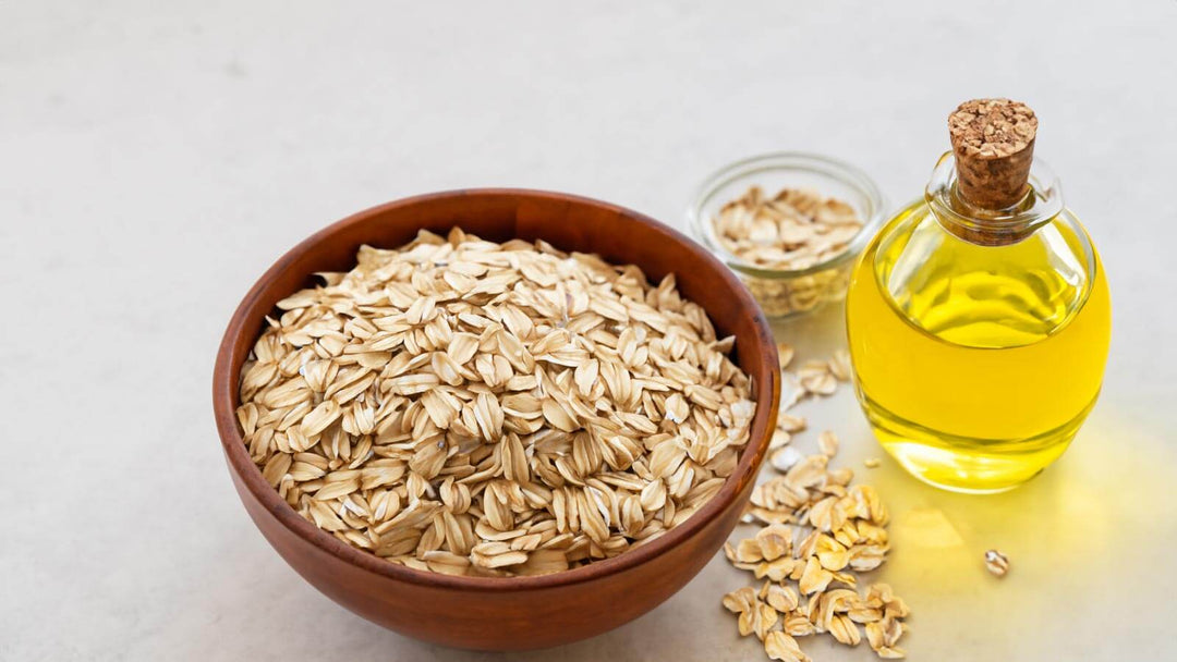 fresh oats and oat oil on a table