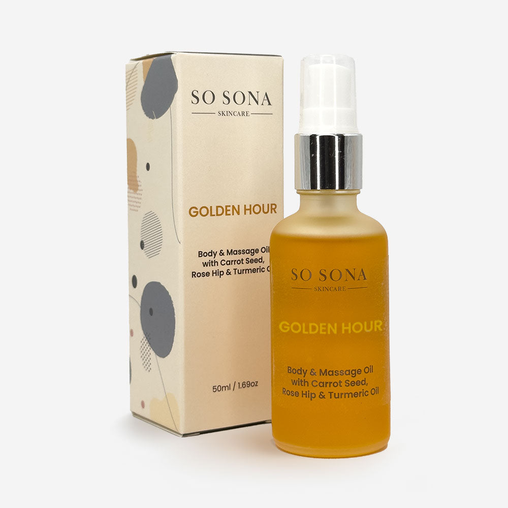 golden hour body oil with packaging on white