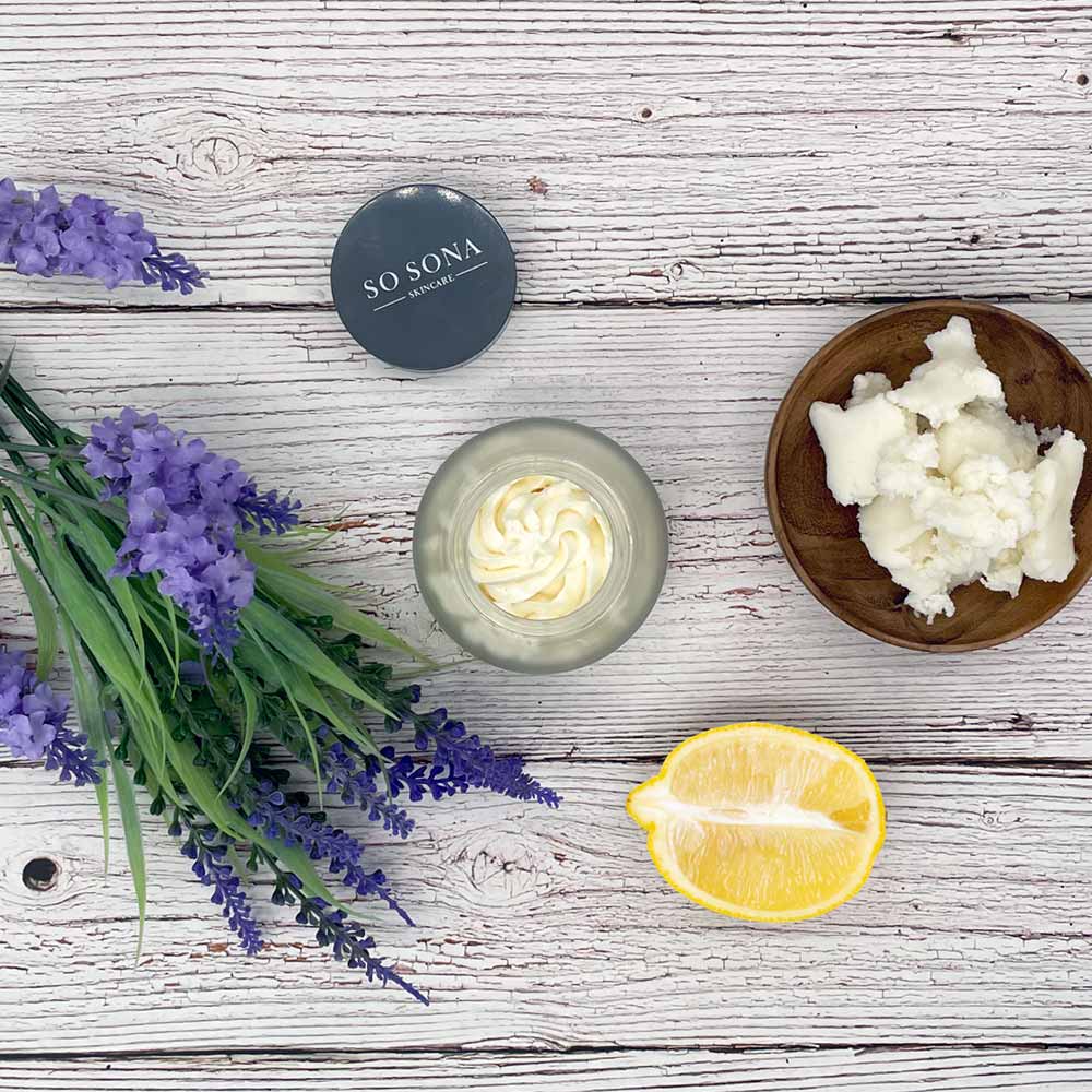 Blossom body butter top view with shea butter, lemon and lavender